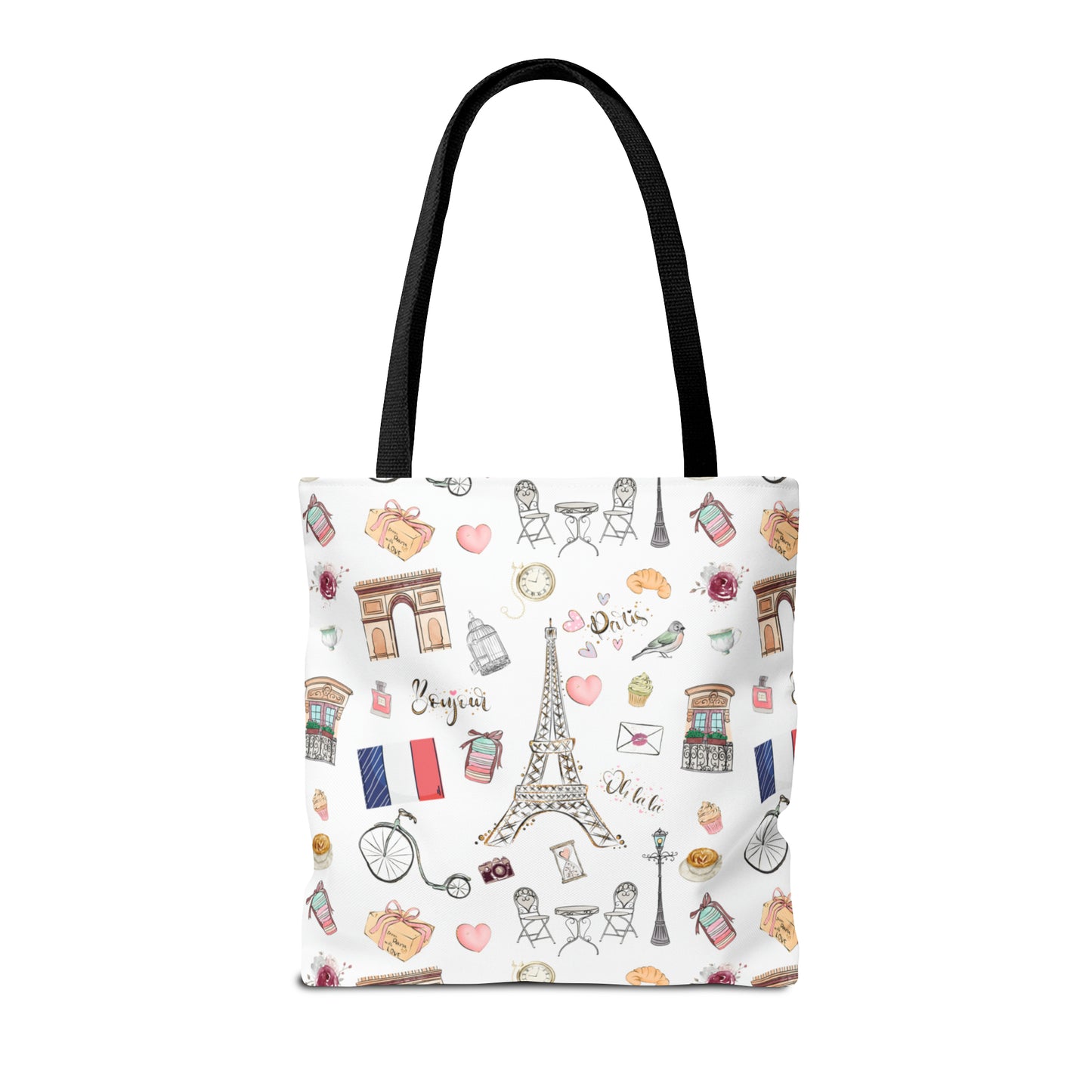 France Travel Adventures  | Chic Parisian Tote Bag: Eiffel Tower, Bistros, Macaroons & More! Perfect for Stylish Travelers! AOP