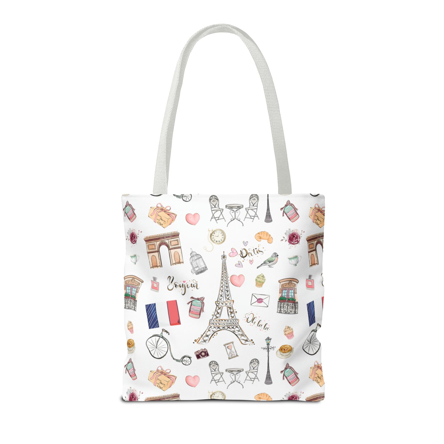France Travel Adventures  | Chic Parisian Tote Bag: Eiffel Tower, Bistros, Macaroons & More! Perfect for Stylish Travelers! AOP
