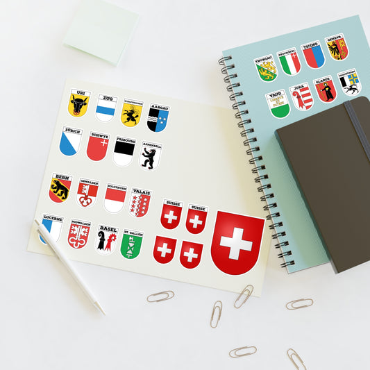 Switzerland Cantons Coat of Arms Sticker Sheet - Premium quality vinyl stickers showcasing Swiss cantons' emblems