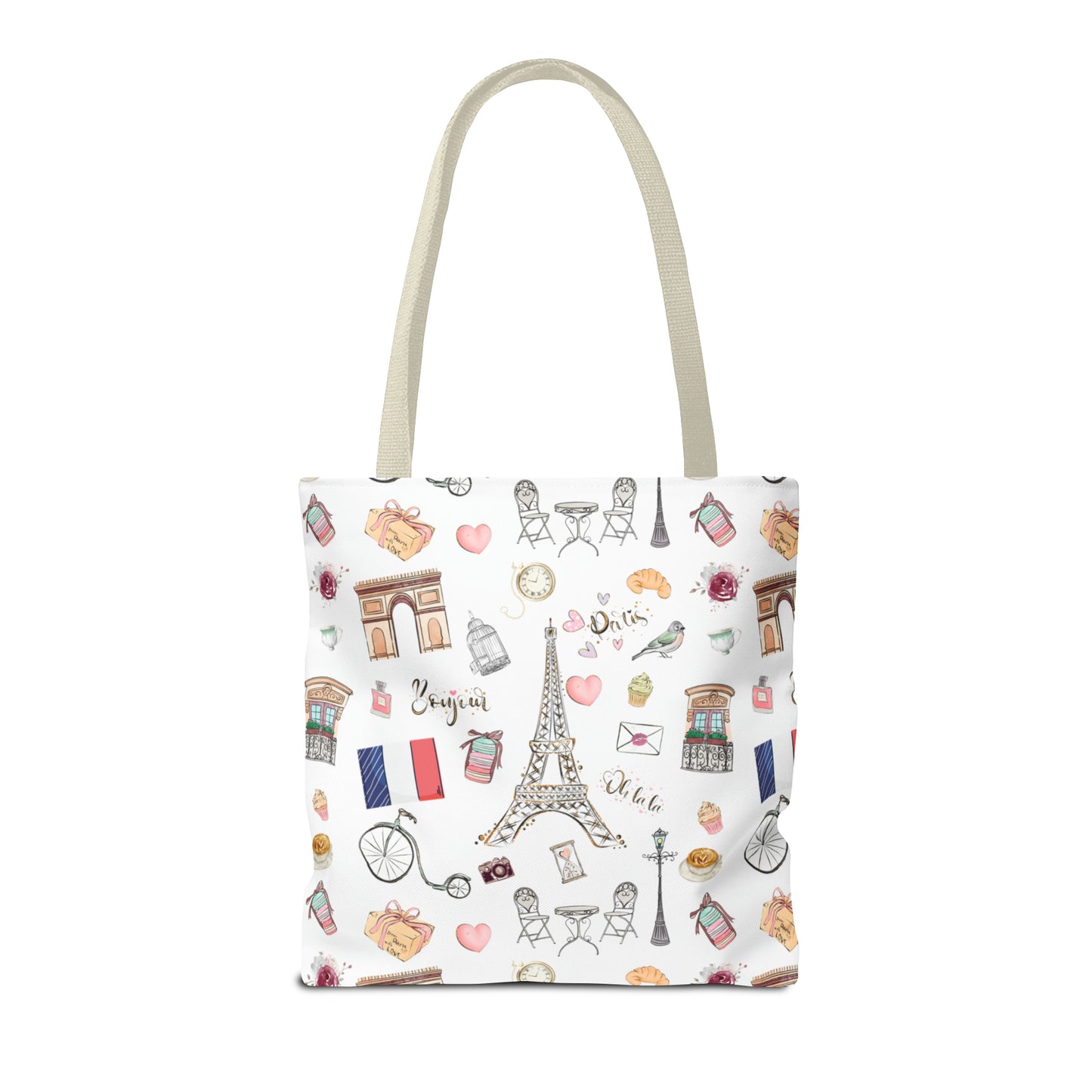 France Travel Adventures  | Chic Parisian Tote Bag: Eiffel Tower, Bistros, Macaroons & More! Perfect for Stylish Travelers! AOP