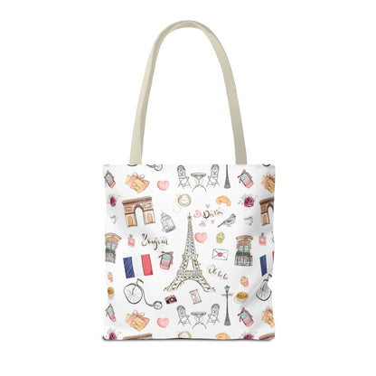 France Travel Adventures  | Chic Parisian Tote Bag: Eiffel Tower, Bistros, Macaroons & More! Perfect for Stylish Travelers! AOP