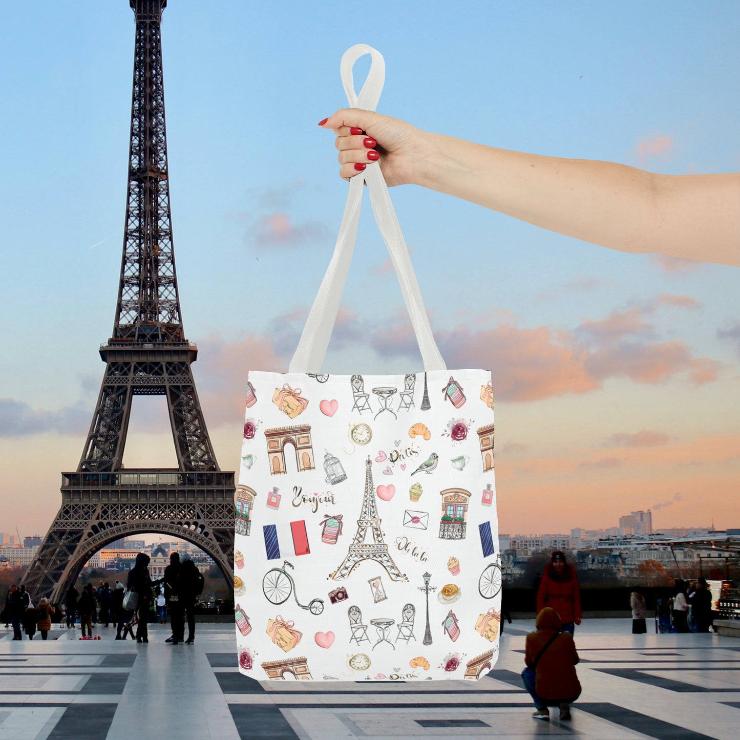 France Travel Adventures  | Chic Parisian Tote Bag: Eiffel Tower, Bistros, Macaroons & More! Perfect for Stylish Travelers! AOP