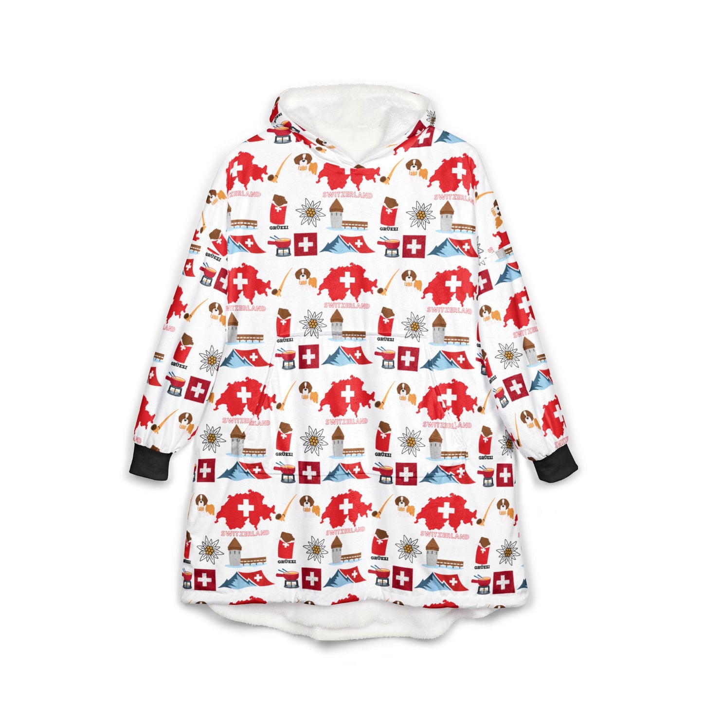 Swiss Winter Hooded Blanket – vibrant Swiss flag and alpine pattern on soft fleece
