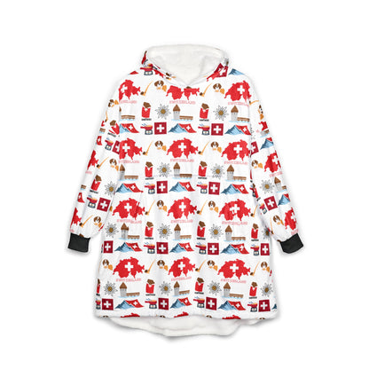Swiss Winter Hooded Blanket – vibrant Swiss flag and alpine pattern on soft fleece