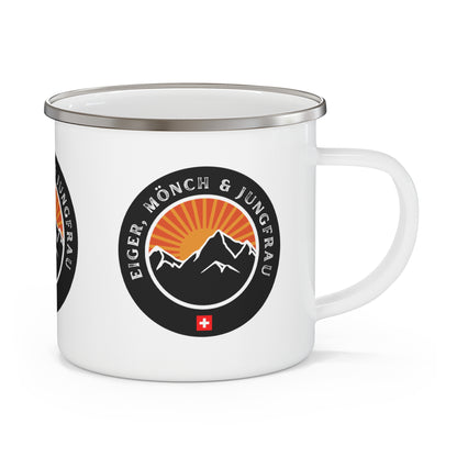 White enamel camping mug featuring retro sunset Eiger, Mönch and Jungfrau peaks with Swiss flag