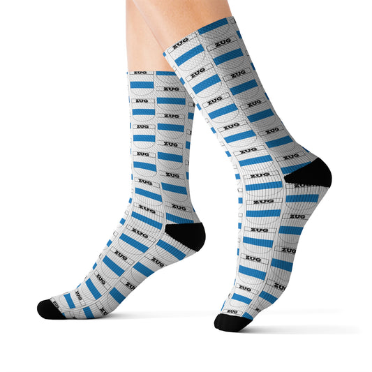 Sublimation socks featuring Swiss Canton of Zug Coat of Arms. Ideal for Zug aficionados, tourists, and natives. Embrace Swiss heritage