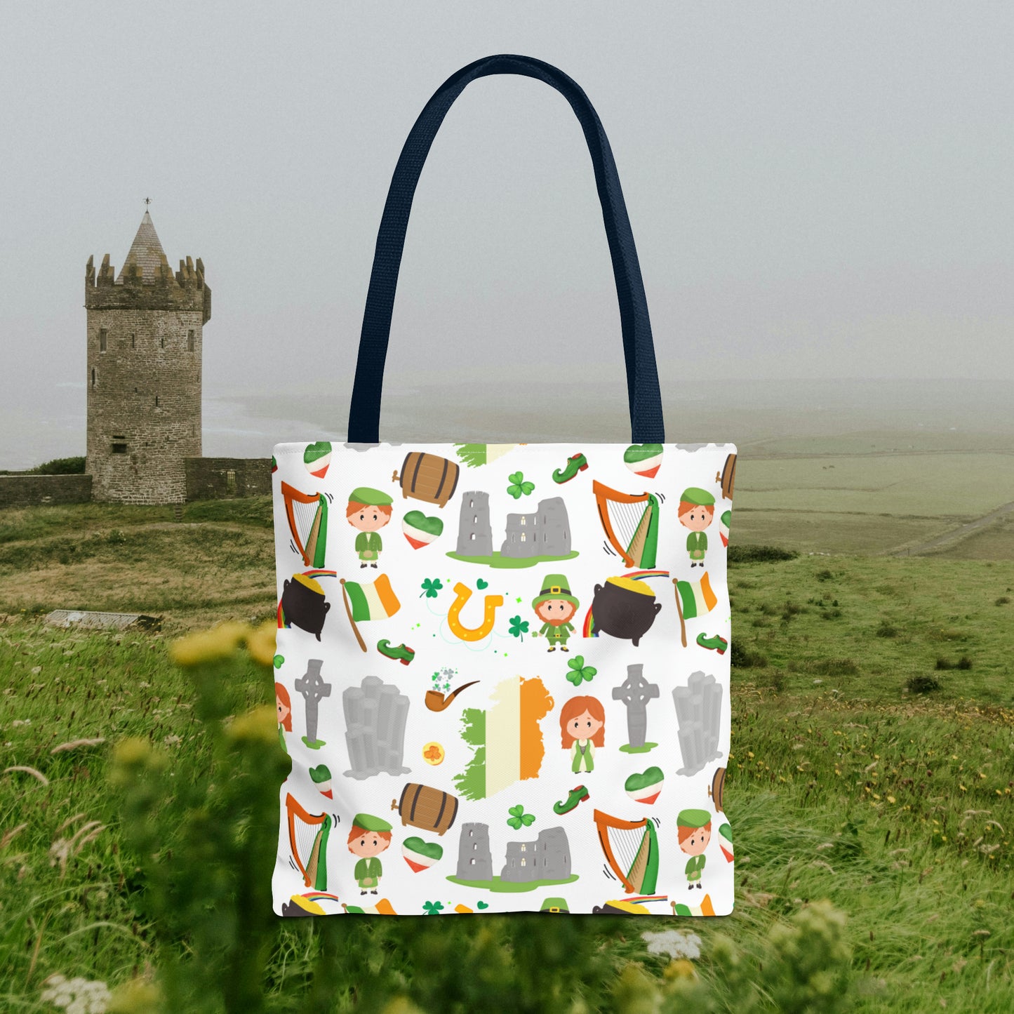 Lucky Charms of Ireland Tote Bag: Celtic Cross, Flag Heart, Clover & More! Embrace Irish Heritage with Style! AOP