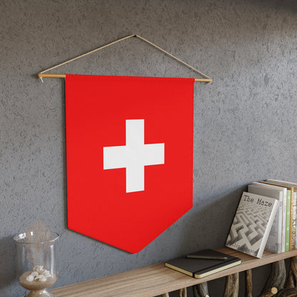 Durable Swiss flag pennant with wooden dowel included — perfect Alpine gift and Swiss souvenir wall hanging