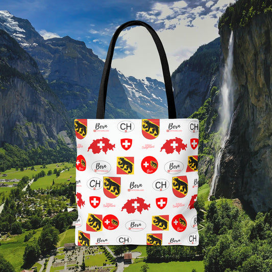 Bern Beauty All Over Tote featuring Canton Bern's Coat of Arms, Swiss flag, and map
