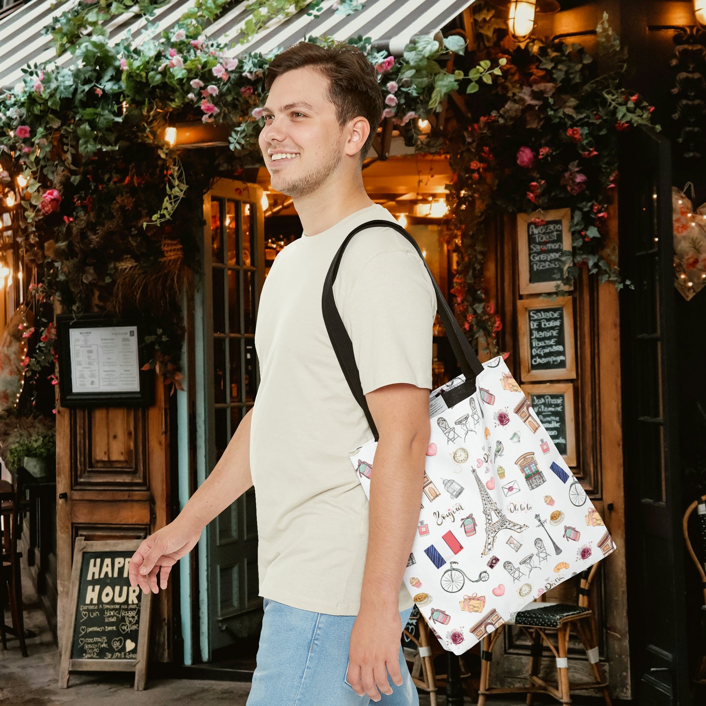 France Travel Adventures  | Chic Parisian Tote Bag: Eiffel Tower, Bistros, Macaroons & More! Perfect for Stylish Travelers! AOP