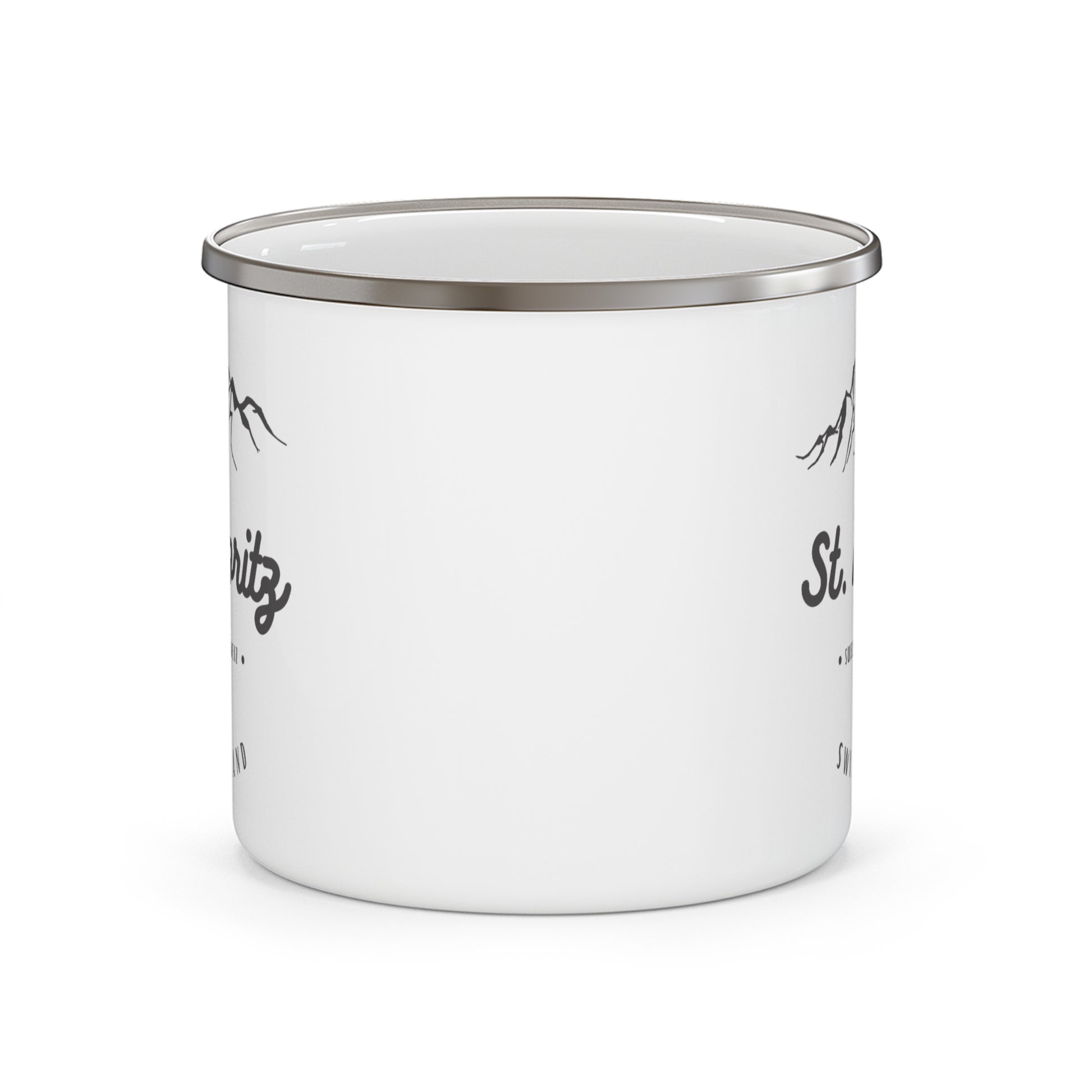 Eco-friendly lightweight enamel mug featuring Swiss Alps-inspired St. Moritz mountain print.
