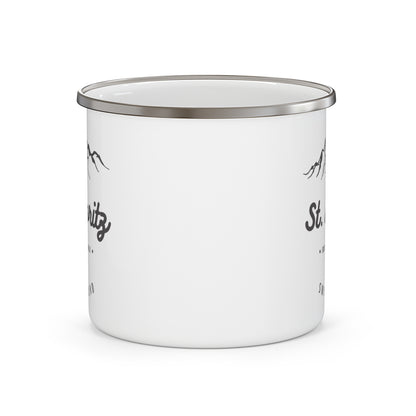 Eco-friendly lightweight enamel mug featuring Swiss Alps-inspired St. Moritz mountain print.