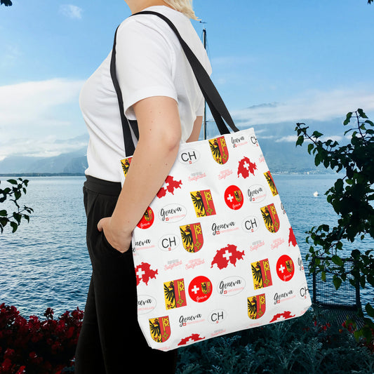 Swiss Splendor Tote featuring Geneva Coat of Arms, flag, and map