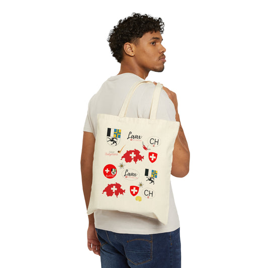 LAAX Travel Icons Pattern Cotton Canvas Tote Bag - Durable, vibrant, ideal for Swiss adventure enthusiasts