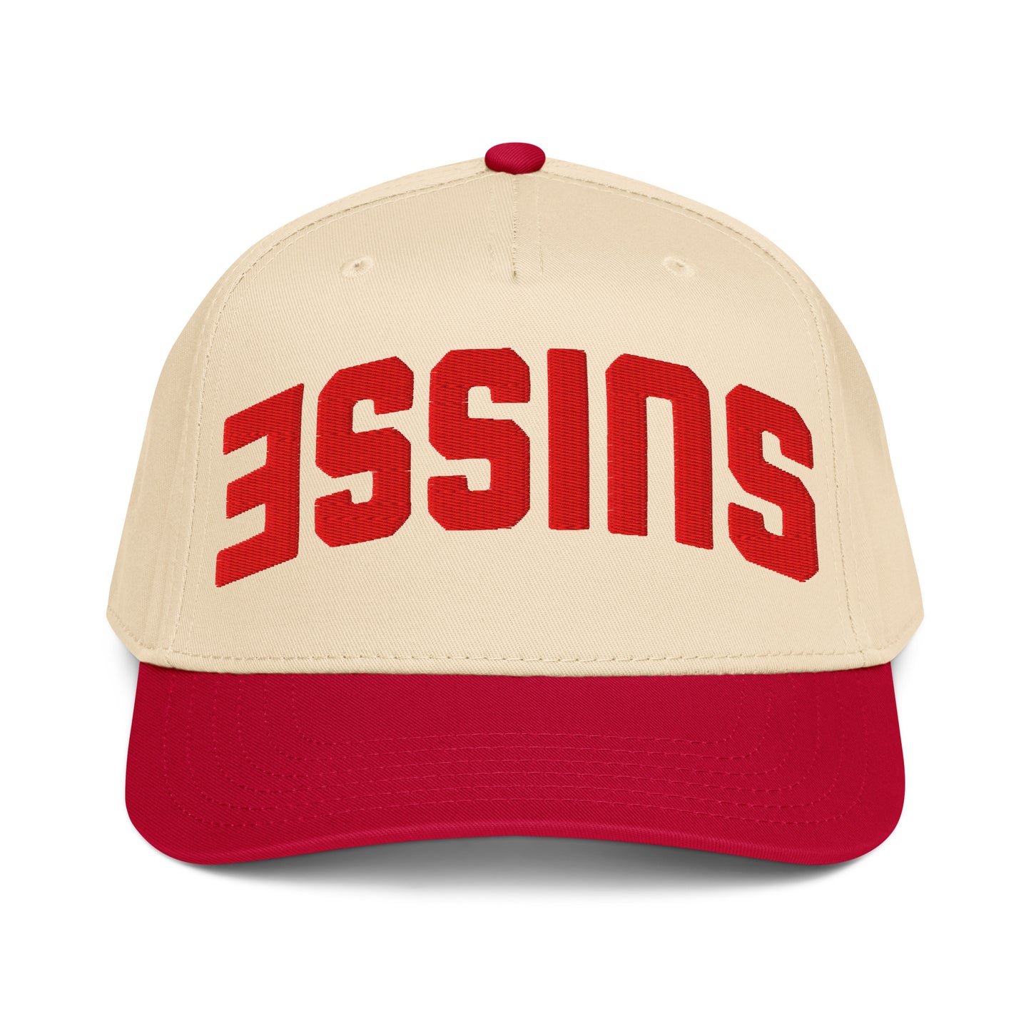 Embroidered Suisse trucker cap with upside-down design