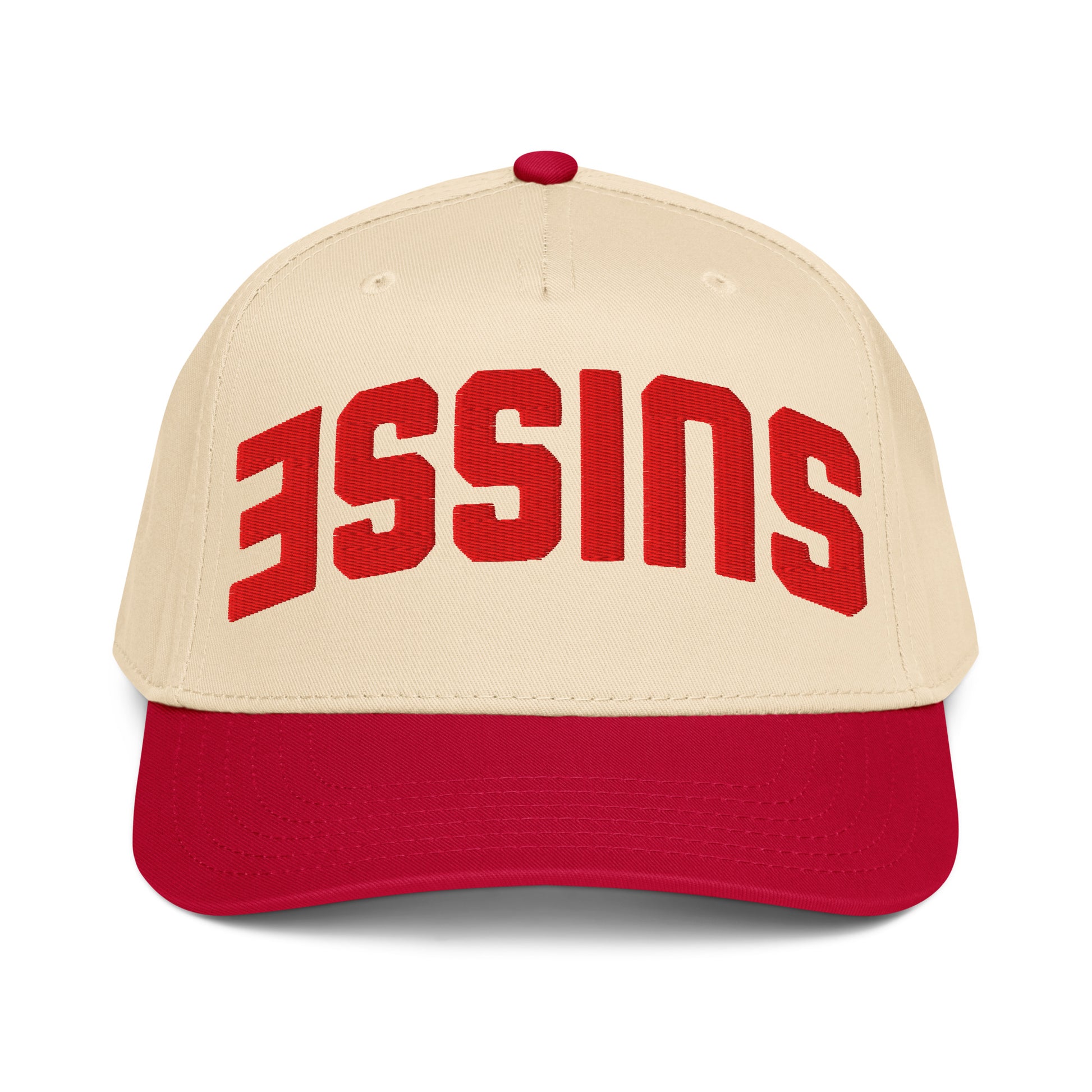 Embroidered Suisse trucker cap with upside-down design