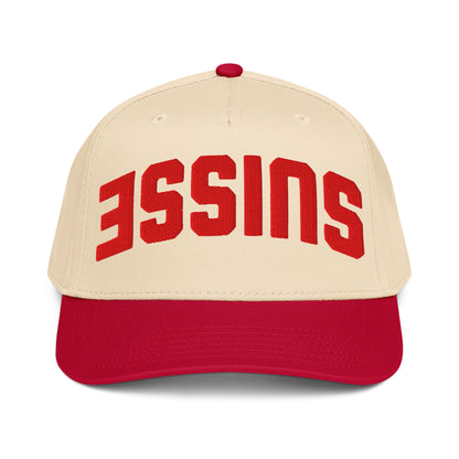 Embroidered Suisse trucker cap with upside-down design