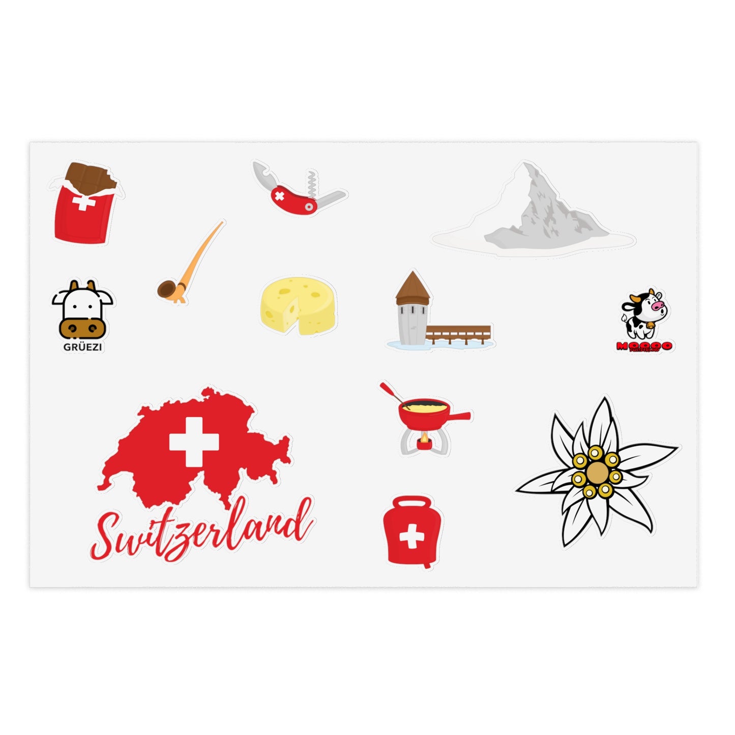 Swiss icons sticker sheet featuring Matterhorn, chocolate, edelweiss, cowbell, fondue, and Swiss Army knife on premium vinyl