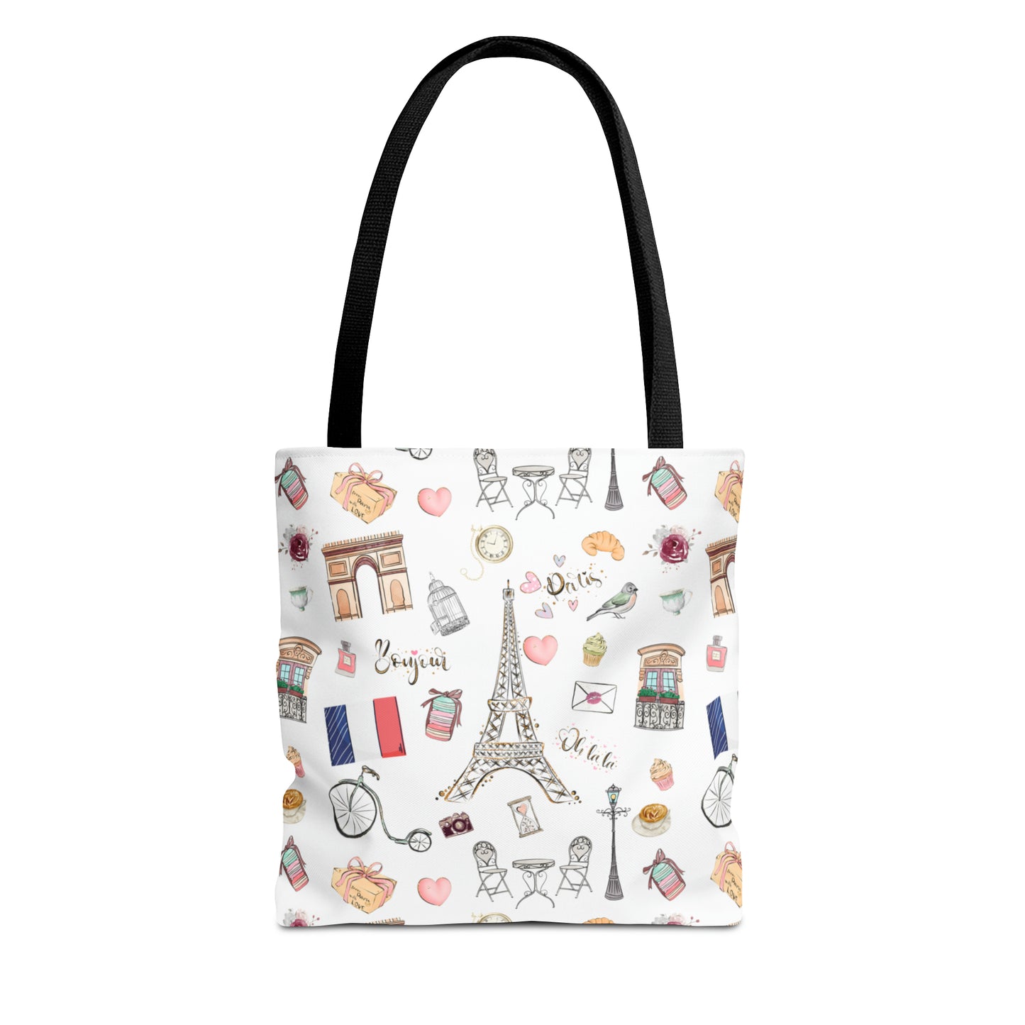 France Travel Adventures  | Chic Parisian Tote Bag: Eiffel Tower, Bistros, Macaroons & More! Perfect for Stylish Travelers! AOP