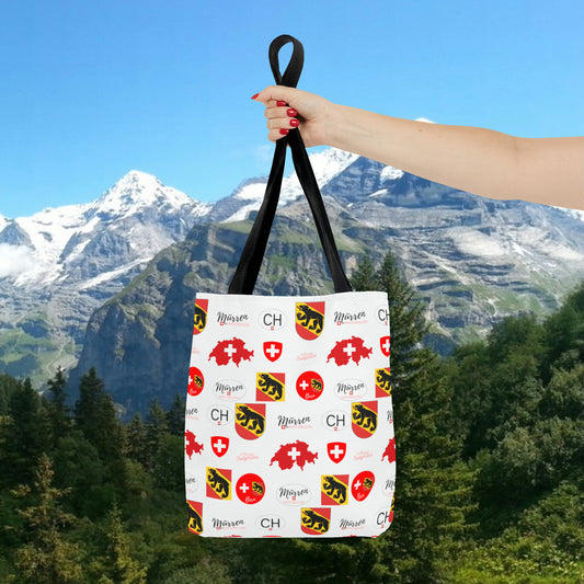Mürren Heritage All-Over Print Tote Bag featuring Bernese Alps, Swiss flag, and Coat of Arms.