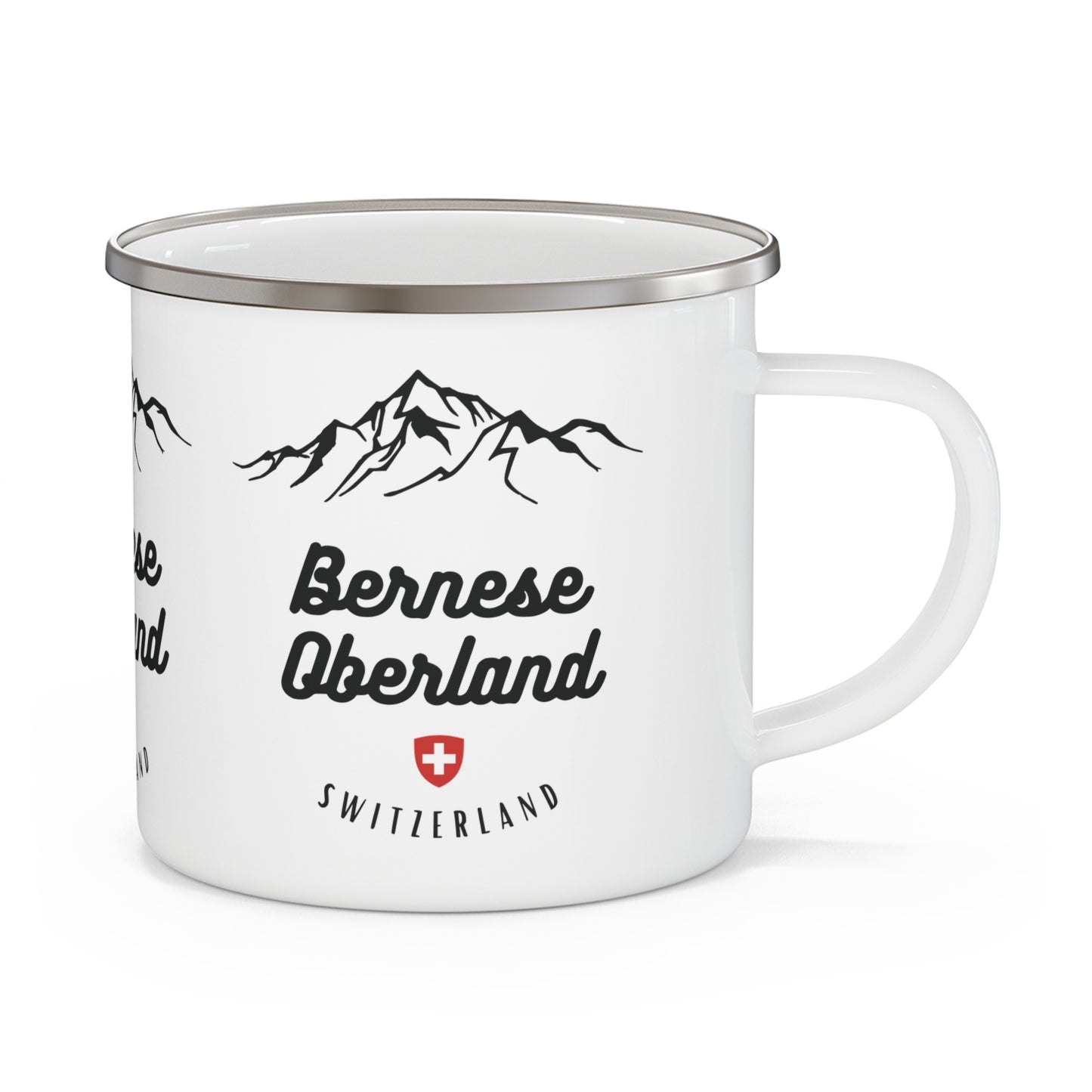 White enamel camping mug featuring Berner Oberland Switzerland mountain badge, perfect for outdoor adventures