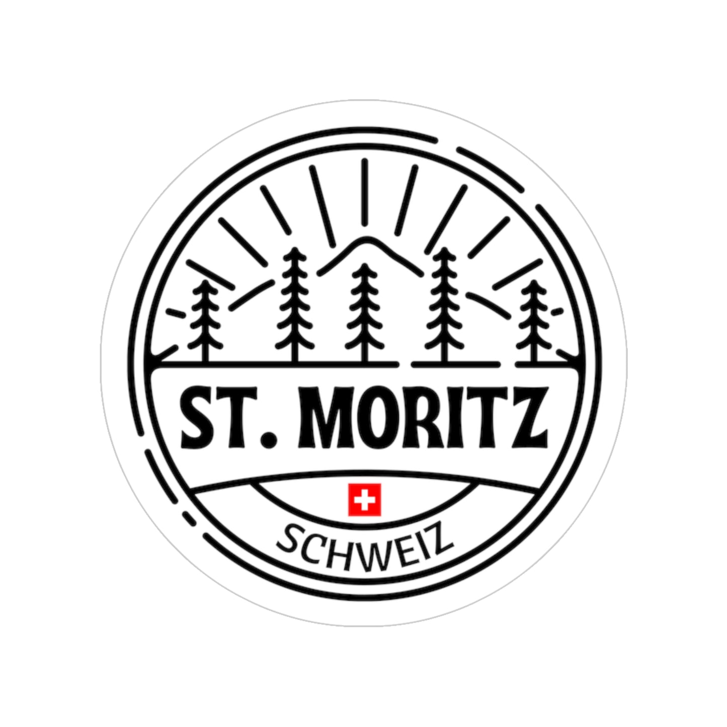Sticker with 'St. Moritz Schweiz' design featuring trees and a Swiss flag on a white background.