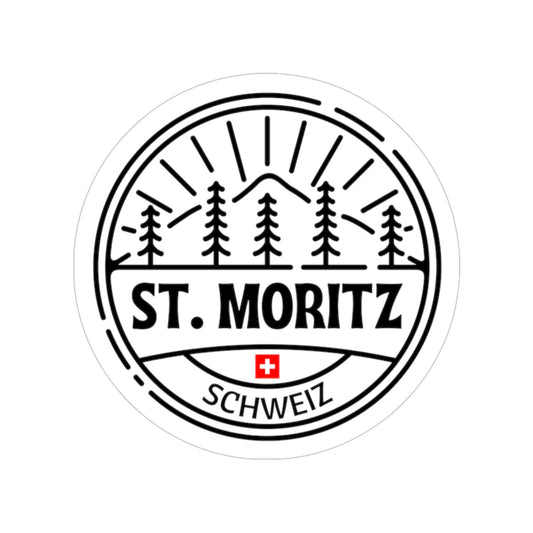 Sticker with 'St. Moritz Schweiz' design featuring trees and a Swiss flag on a white background.