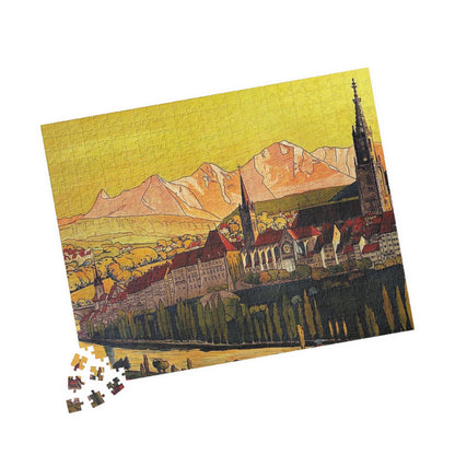 Swiss Alps puzzle featuring Bern capital city vintage illustration with Aare River view
