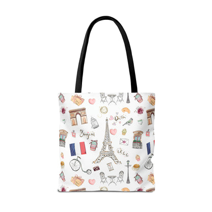 France Travel Adventures  | Chic Parisian Tote Bag: Eiffel Tower, Bistros, Macaroons & More! Perfect for Stylish Travelers! AOP