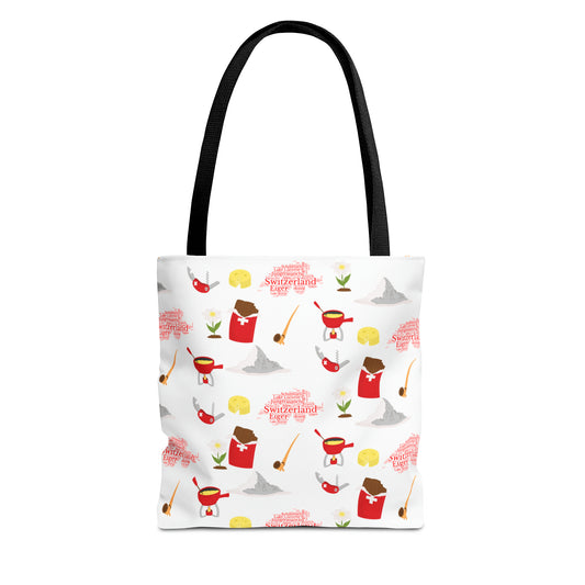 Tote bag featuring a stylish pattern of Switzerland travel elements like mountains, Swiss flag, Swiss army knife