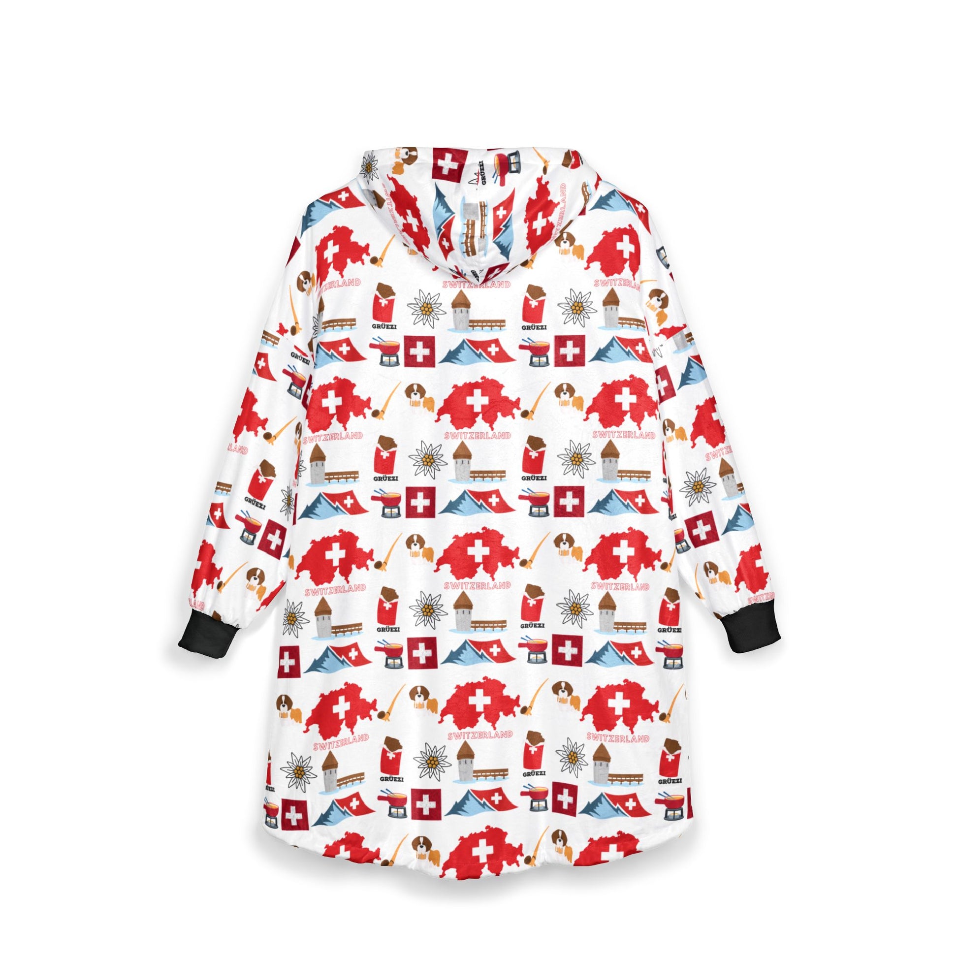Swiss Winter Hooded Blanket vibrant Swiss flag and alpine pattern on soft fleece