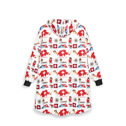 Swiss Winter Hooded Blanket vibrant Swiss flag and alpine pattern on soft fleece