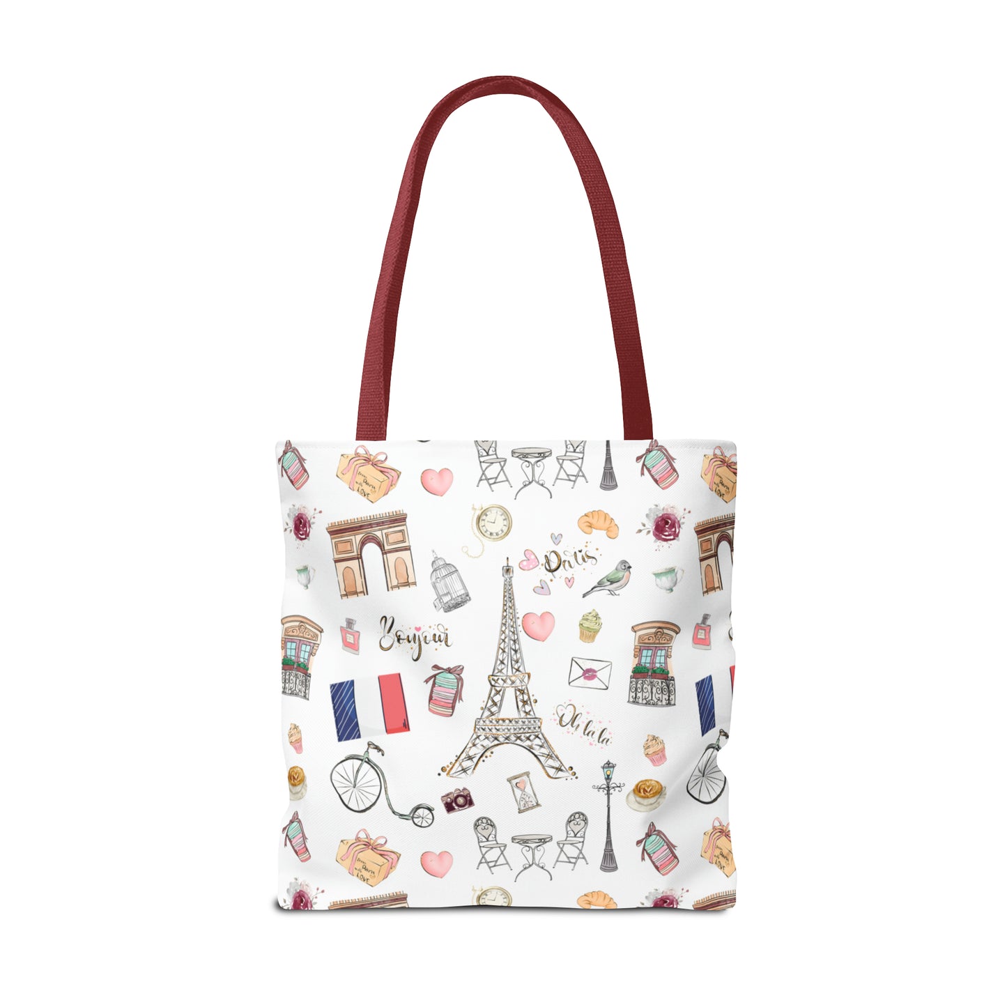 France Travel Adventures  | Chic Parisian Tote Bag: Eiffel Tower, Bistros, Macaroons & More! Perfect for Stylish Travelers! AOP