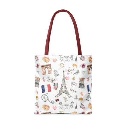 France Travel Adventures  | Chic Parisian Tote Bag: Eiffel Tower, Bistros, Macaroons & More! Perfect for Stylish Travelers! AOP