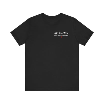 Front view of a Swiss Alps-themed t-shirt featuring Eiger, Mönch & Jungfrau print.