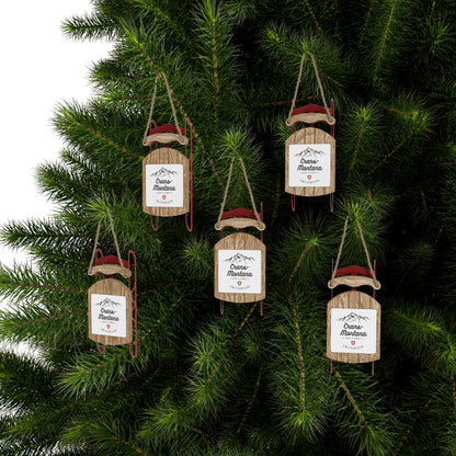 Holiday tree decoration wooden sled ornament featuring Crans-Montana Switzerland