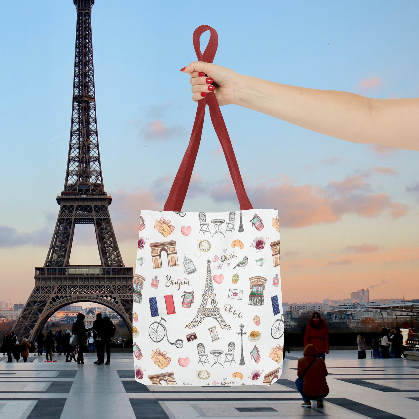 France Travel Adventures  | Chic Parisian Tote Bag: Eiffel Tower, Bistros, Macaroons & More! Perfect for Stylish Travelers! AOP