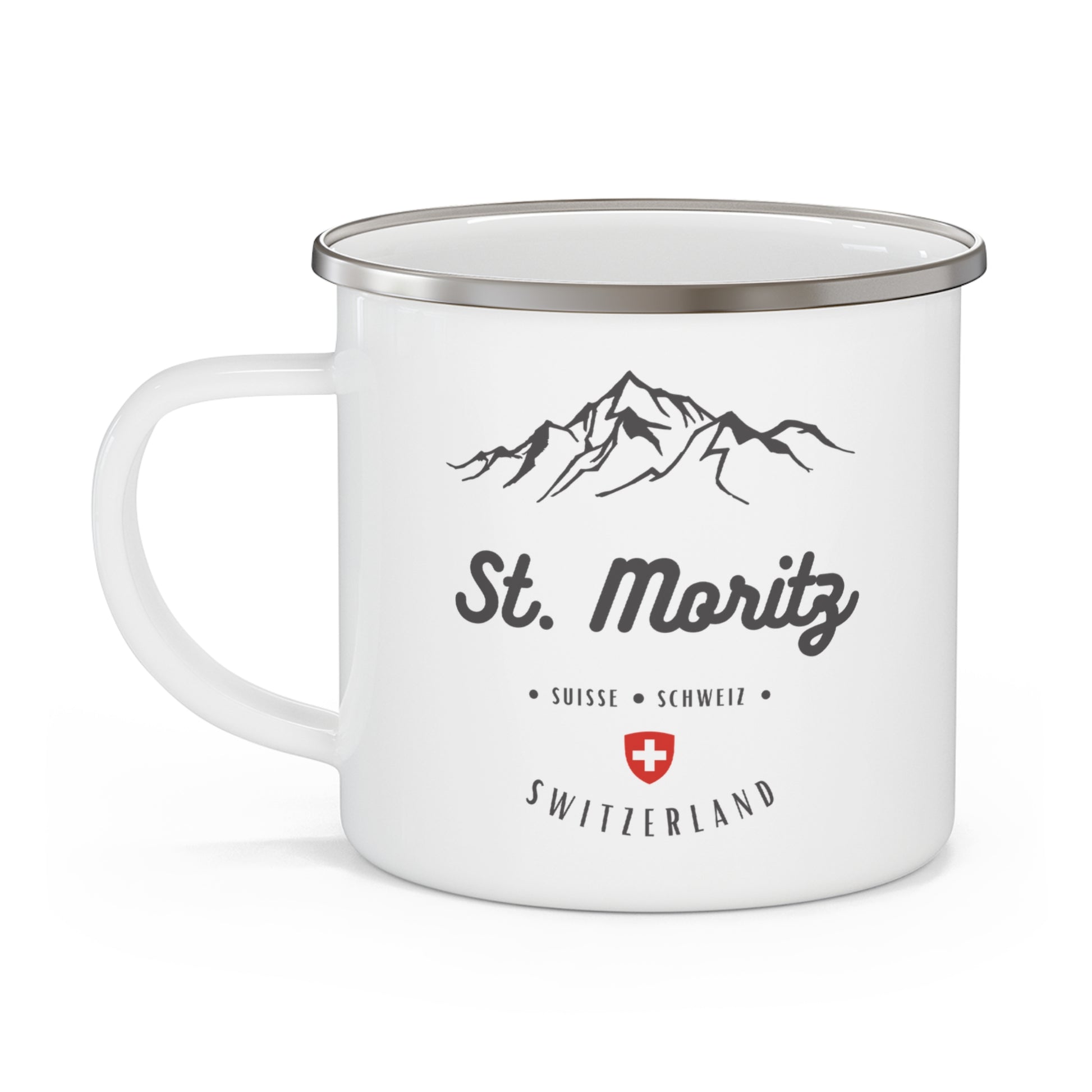 Durable enamel camping mug with authentic St. Moritz design, ideal for camping, hiking, and gifting.