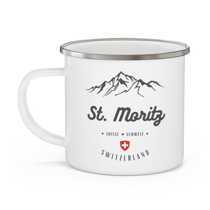 Durable enamel camping mug with authentic St. Moritz design, ideal for camping, hiking, and gifting.
