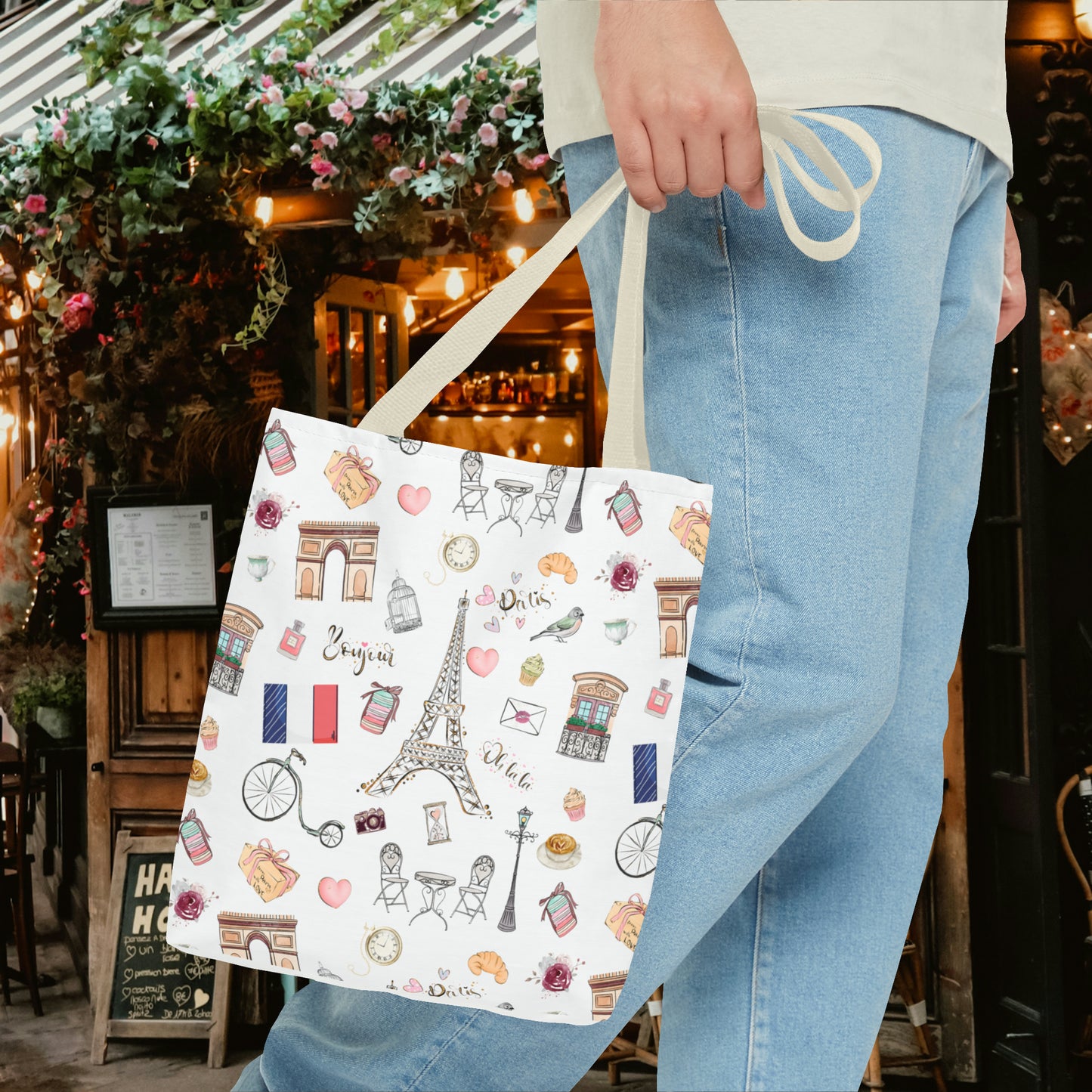 France Travel Adventures  | Chic Parisian Tote Bag: Eiffel Tower, Bistros, Macaroons & More! Perfect for Stylish Travelers! AOP