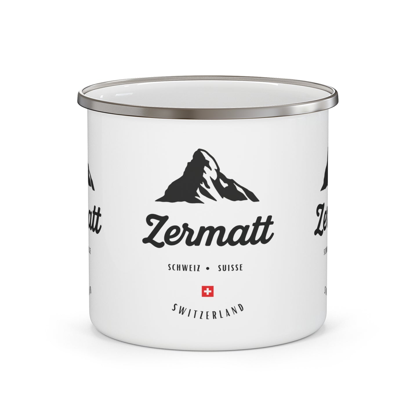 White enamel mug with Zermatt branding and mountain graphic 