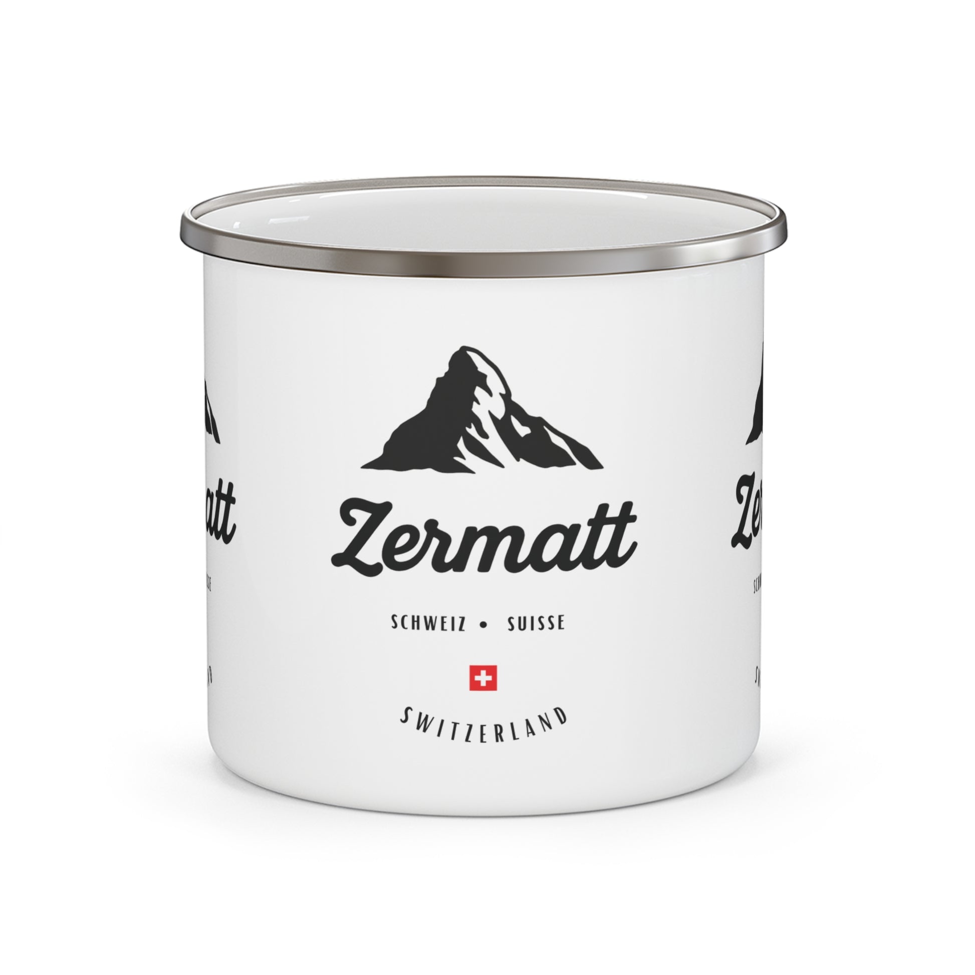 White enamel mug with Zermatt branding and mountain graphic 