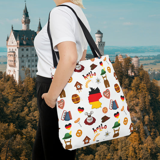German-themed tote bag featuring flag, pretzels, sausages, and traditional attire