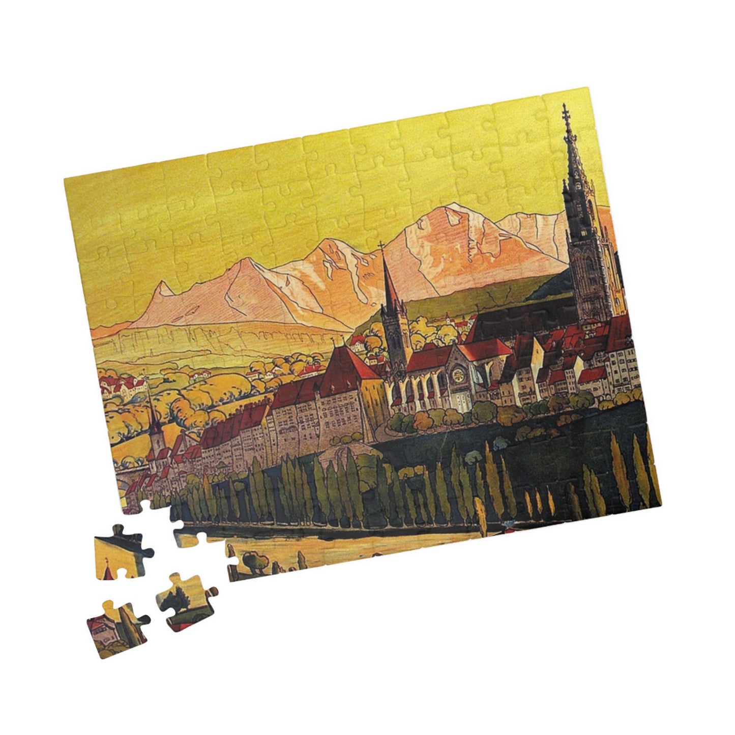 Bern Switzerland puzzle box packaging with vintage old town illustration and Swiss Alps design