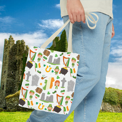 Lucky Charms of Ireland Tote Bag: Celtic Cross, Flag Heart, Clover & More! Embrace Irish Heritage with Style! AOP