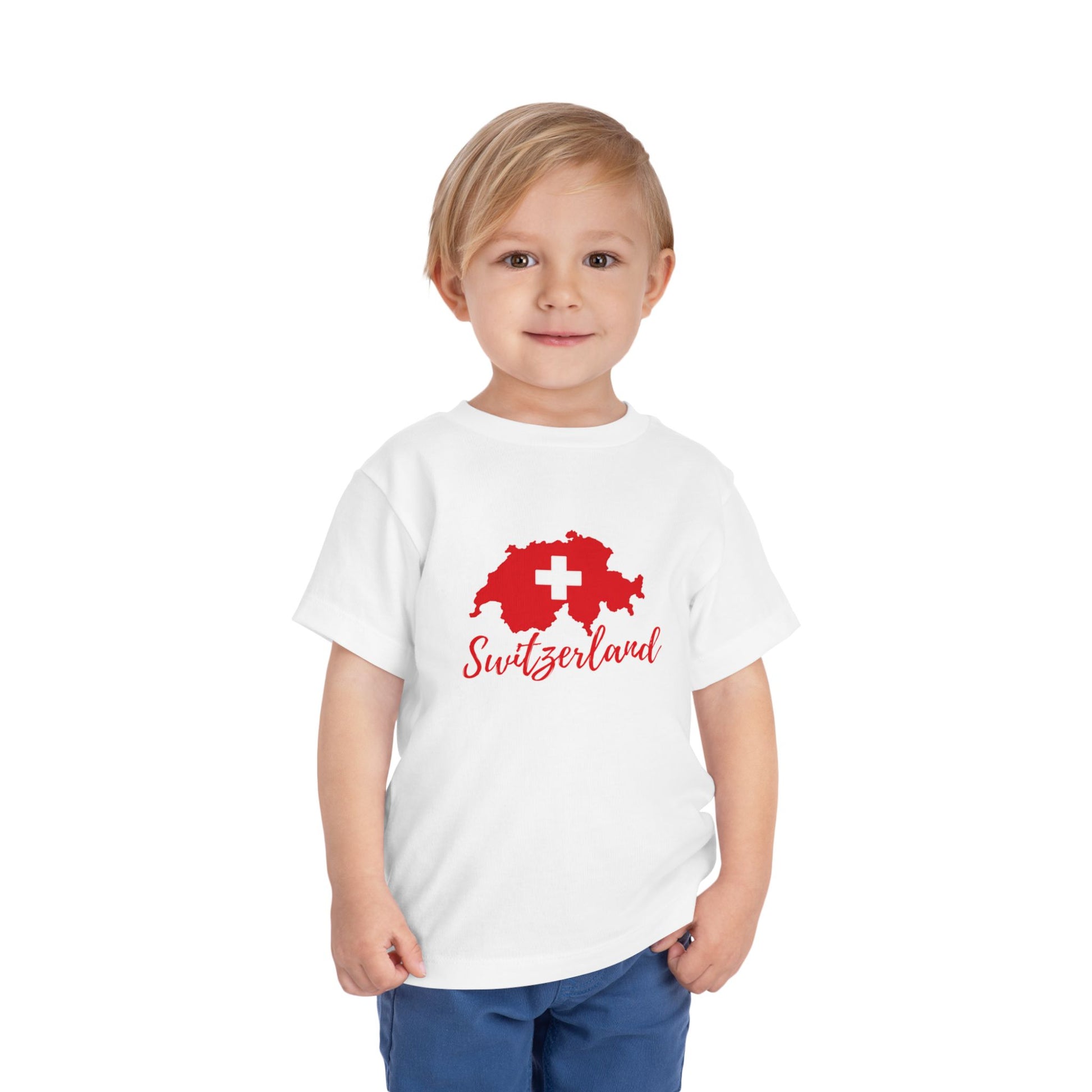 Red and white Switzerland-themed toddler shirt for travel lovers