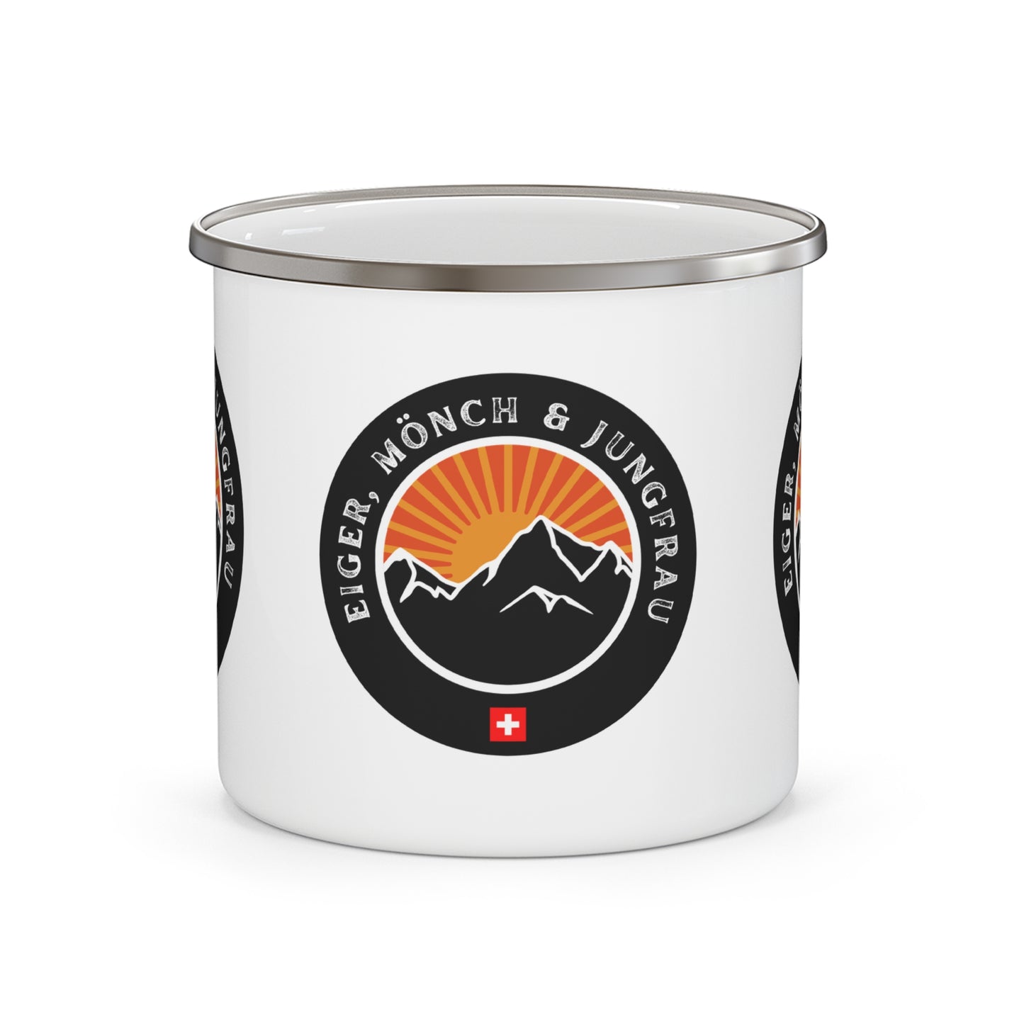 Eiger Mönch Jungfrau enamel mug with Swiss Alps mountain design and sunrise illustration
