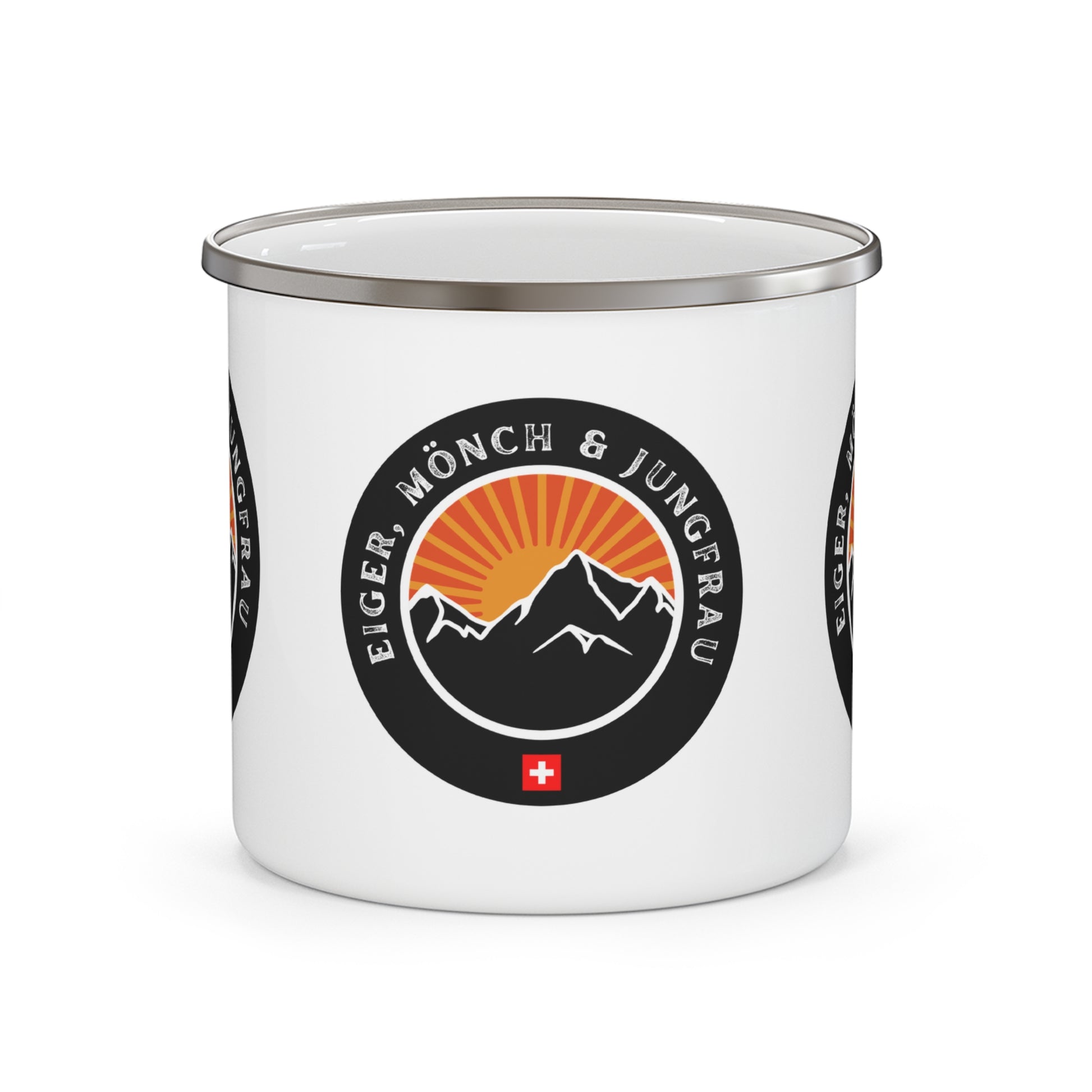 Eiger Mönch Jungfrau enamel mug with Swiss Alps mountain design and sunrise illustration