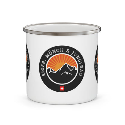 Eiger Mönch Jungfrau enamel mug with Swiss Alps mountain design and sunrise illustration