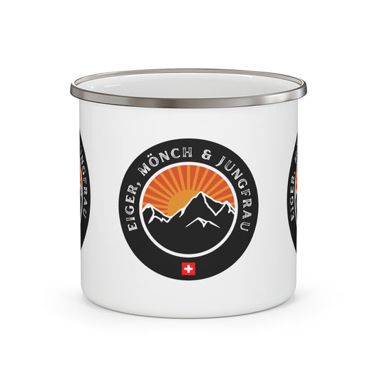 Eiger Mönch Jungfrau enamel mug with Swiss Alps mountain design and sunrise illustration